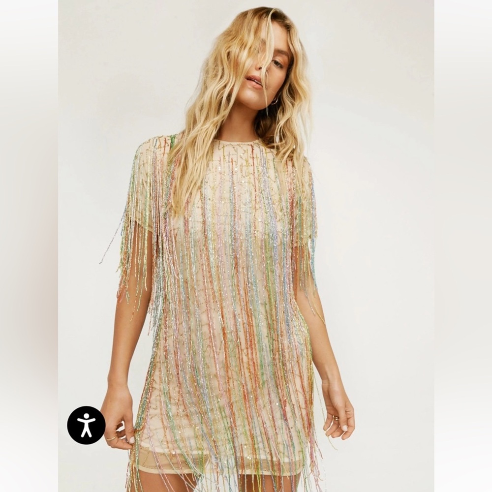 Nasty Gal Beaded Fringe Mini Dress in Champagne with Pastel tassels